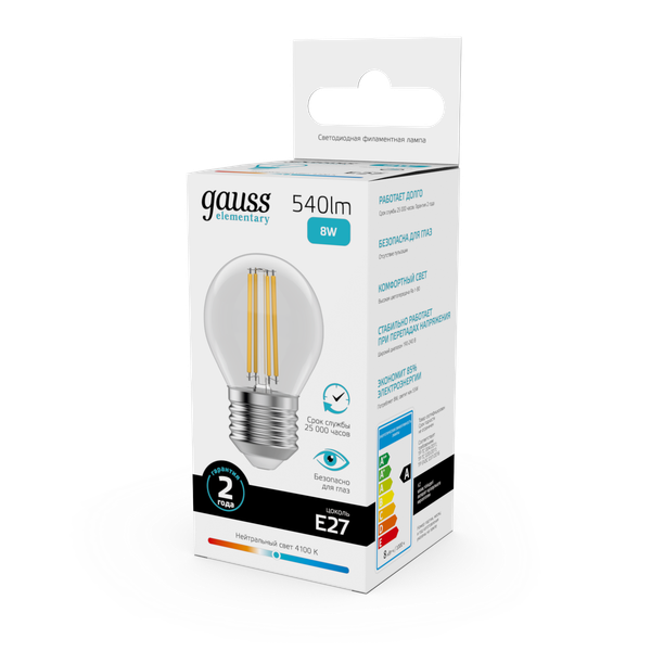 Лампа Gauss Filament Elementary Шар 8W 540lm 4100К Е27 LED / 52228
