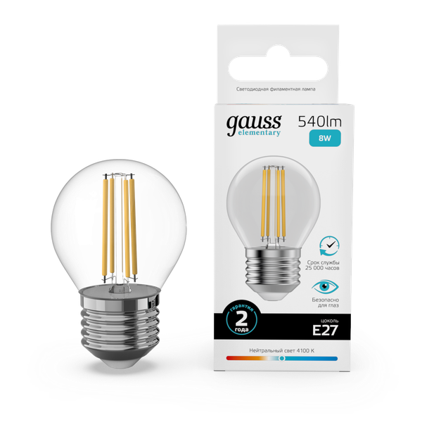 Лампа Gauss Filament Elementary Шар 8W 540lm 4100К Е27 LED / 52228