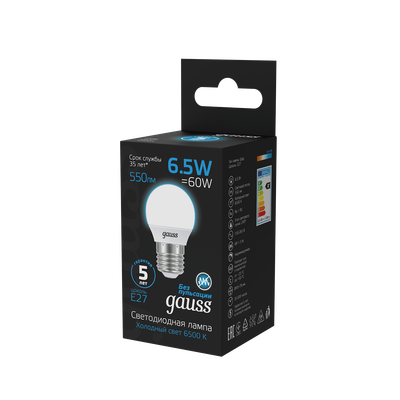 Лампа Gauss Шар 6.5W 550lm 6500K E27 LED / 105102307
