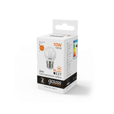 Лампа Gauss Elementary Шар 10W 710lm 3000K Е27 LED / 53210