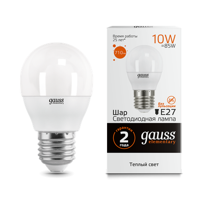 Лампа Gauss Elementary Шар 10W 710lm 3000K Е27 LED / 53210