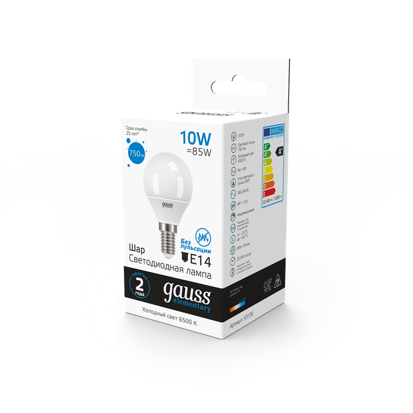 Лампа Gauss Elementary Шар 10W 750lm 6500K Е14 LED / 53130