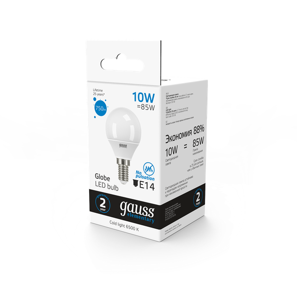 Лампа Gauss Elementary Шар 10W 750lm 6500K Е14 LED / 53130