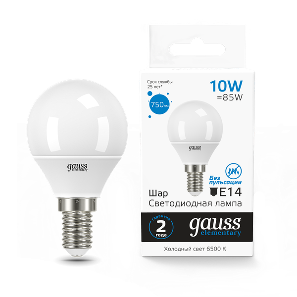 Лампа Gauss Elementary Шар 10W 750lm 6500K Е14 LED / 53130