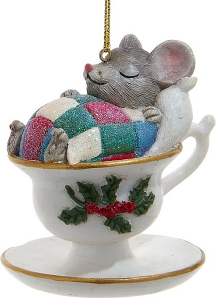 Елочная игрушка Kurt S. Adler Christmas 2024. Мышка в чашке спит / E0964_2 - фото