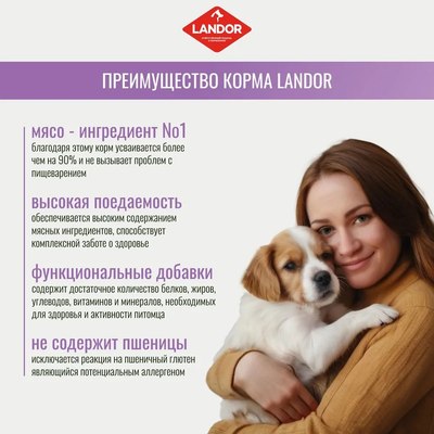Сухой корм для собак Landor Monoprotein для взрослых собак всех пород с индейкой / F2130