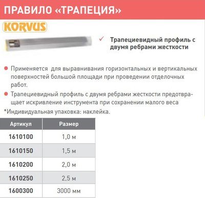 Правило строительное Korvus Трапеция 1 ребро жесткости