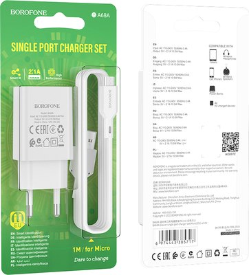 Зарядное устройство сетевое Borofone BA68A Glacier + кабель AM-microBM / 6974443385717