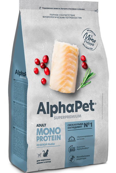 Сухой корм для кошек AlphaPet Monoprotein с белой рыбой / 121358 - фото
