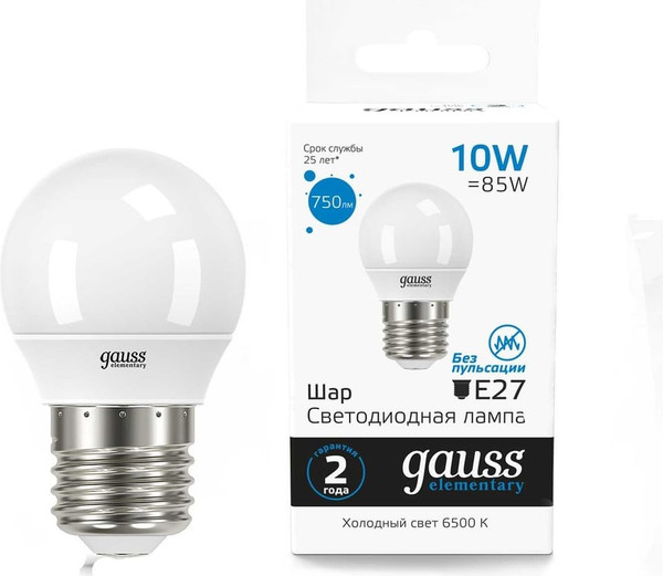Лампа Gauss Elementary Шар 10W 750lm 6500K Е27 LED / 53230 - фото