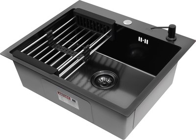 Мойка кухонная Arfeka Eco AR 60x50 + CL AR + DS AR (Black Decor Volcanic Rock, с дозатором и коландером) - фото