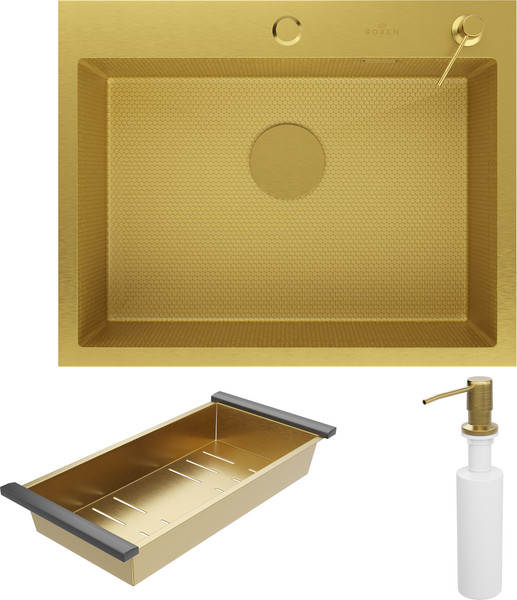 Мойка кухонная Roxen Snake 560220-60-GS PVD c коландером и дозатором (золото текстурное) - фото