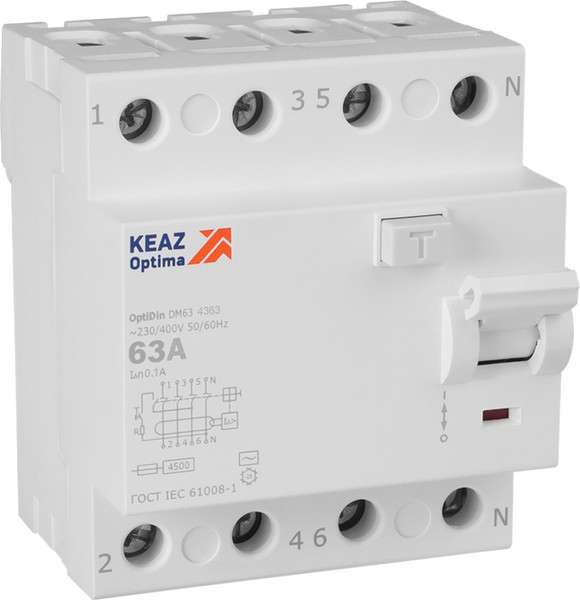 Устройство защитного отключения КЭАЗ 4п 63А 100мА AC 4.5кА OptiDin DM63-4363 УХЛ4 / 343899 - фото