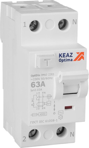 Устройство защитного отключения КЭАЗ 2п 63А 30мА AC 4.5кА OptiDin DM63-2263 УХЛ4 / 343890 - фото