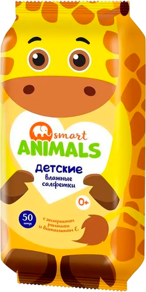 Влажные салфетки детские Smart Animals детские с экстрактом ромашки и витамином Е - фото