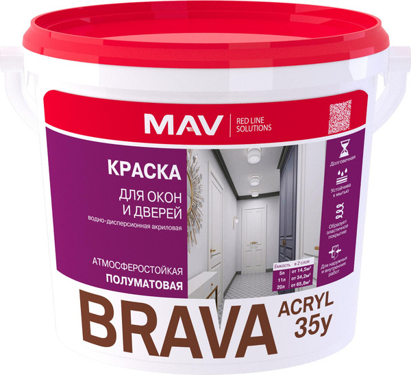 Краска MAV Brava Acryl 35у для окон и дверей ВД-АК-1035у (20л, белый полуматовый) - фото