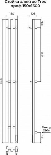 Полотенцесушитель электрический Terminus Стойка Tres Проф 1600