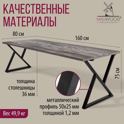 Обеденный стол Millwood Дели Л 160x80x75