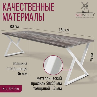 Обеденный стол Millwood Дели Л 160x80x75