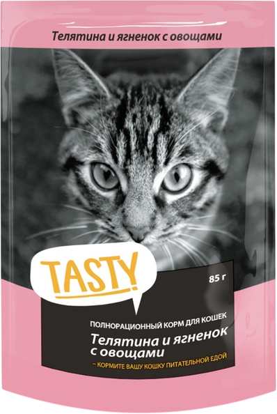 Влажный корм для кошек Tasty Cat с телятиной, ягненком и овощами в желе - фото
