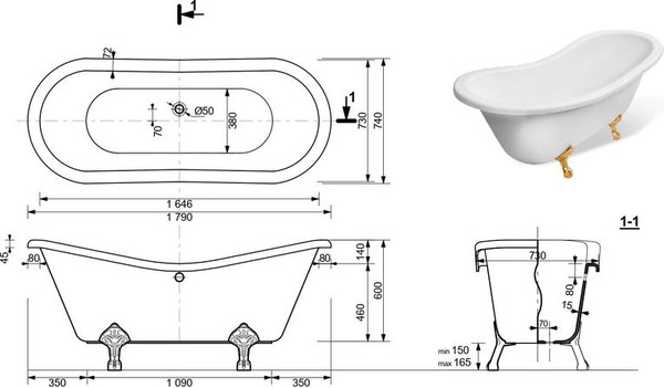 Ванна из искусственного мрамора Эстет Boston 180x74 Silk / ФР-00014525