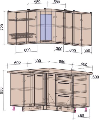 Кухонный гарнитур Интерлиния Мила Пластик 1.2x1.5