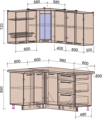 Кухонный гарнитур Интерлиния Мила Пластик 1.2x1.6