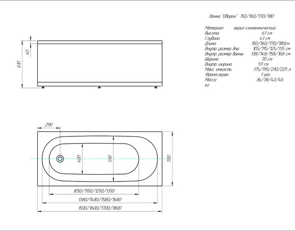 Ванна акриловая Aquatek Оберон 150 / OBR150-0000001