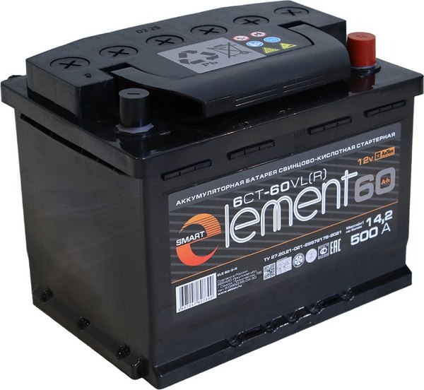 Автомобильный аккумулятор Smart Element 6СТ-60 Евро 500А / ELE 60-З-R - фото