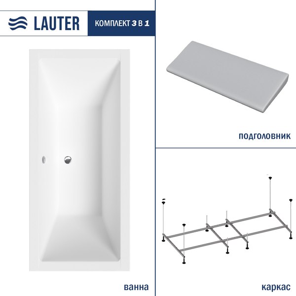 Ванна акриловая Lauter Oasis 190 / 21203090 (с каркасом, серым подголовником)