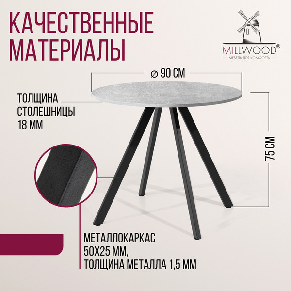 Обеденный стол Millwood Олесунн D90x90x75х1.8