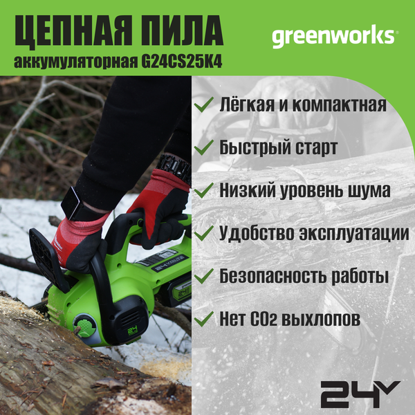 Пила цепная аккумуляторная Greenworks G24CS25 24V 25см / 2007707UH