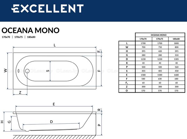 Ванна акриловая Excellent Oceana Mono 170x75