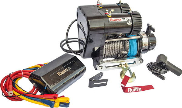 Лебедка электрическая Runva 12V 10000 lbs 4500кг двухмоторная / EWS10000SR (синтетический трос)