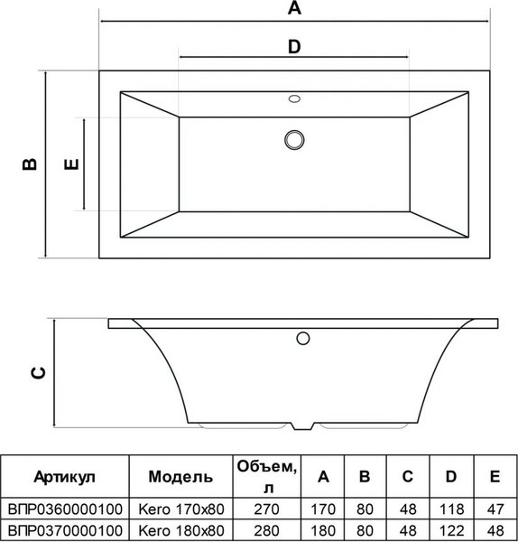 Ванна акриловая Alba Spa Kero 180x80