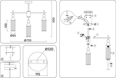 Люстра Ambrella LH55258/9 BK/BS/CL (черный/латунь/прозрачный)