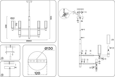 Люстра Ambrella LH55515/12 BK/BS/CL (черный/латунь/прозрачный)