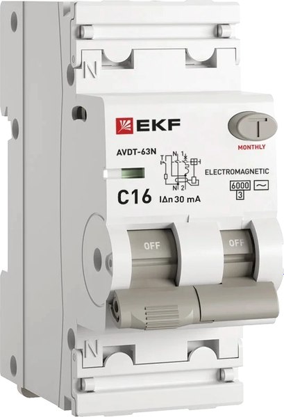 Дифференциальный автомат EKF 1P+N АВДТ-63N 1P+N 16А 30мА C AC / D63N26M16C30 - фото