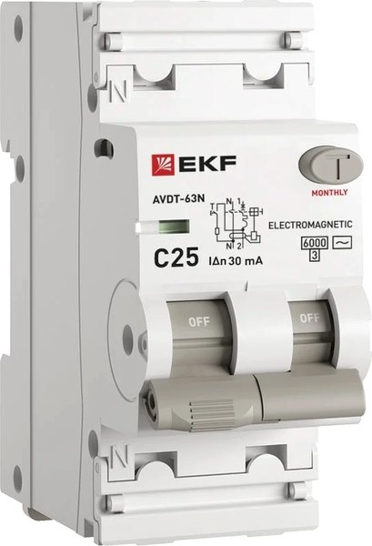 Дифференциальный автомат EKF 1P+N АВДТ-63N 1P+N 25А 30мА C AC / D63N26M25C30 - фото