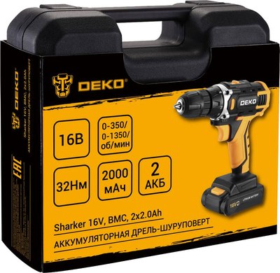 Аккумуляторная дрель-шуруповерт Deko Sharker 16V в кейсе / 083-1108