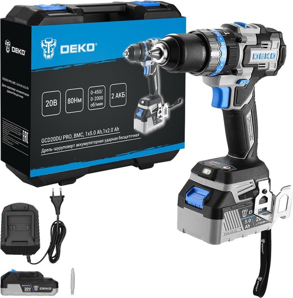 Аккумуляторная дрель-шуруповерт Deko GCD20DU PRO в кейсе / 083-1107 - фото