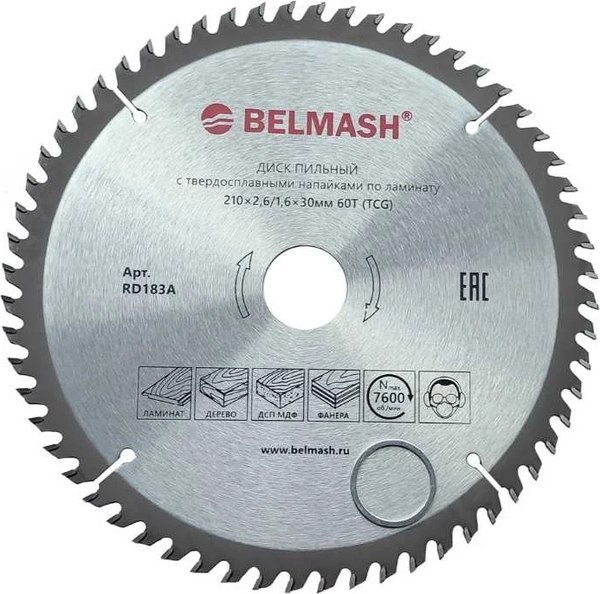 Пильный диск БЕЛМАШ 210x2.6/1.6x30 60T / RD183A - фото