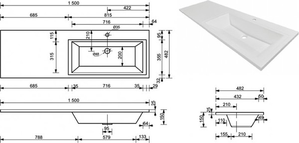 Умывальник Symbolite Даллас 150x48.2 правый