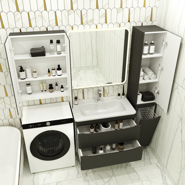 Шкаф-пенал для ванной Symbolite Бергамо Люкс Plus с корзиной