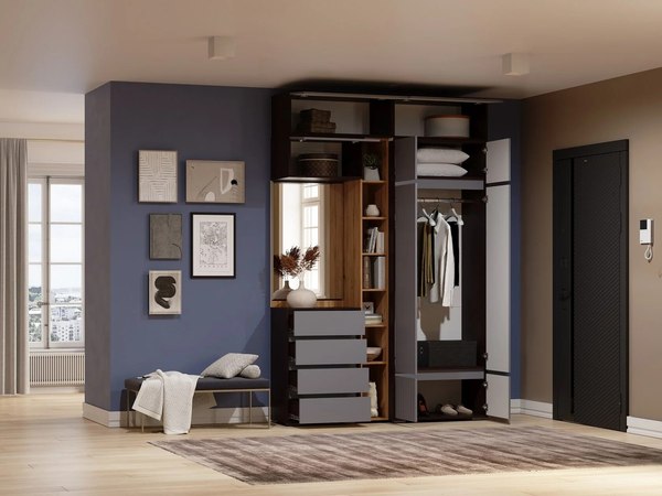 Секция в прихожую Woodville Роут с зеркалом / 593728 (венге/дуб вотан/графит софт)