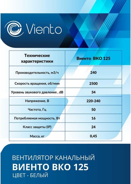 Вентилятор канальный Viento ВКО 125-B