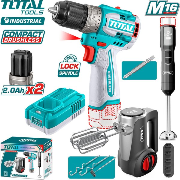 Аккумуляторная дрель-шуруповерт TOTAL Набор аккумуляторных инструментов TCKLI1638