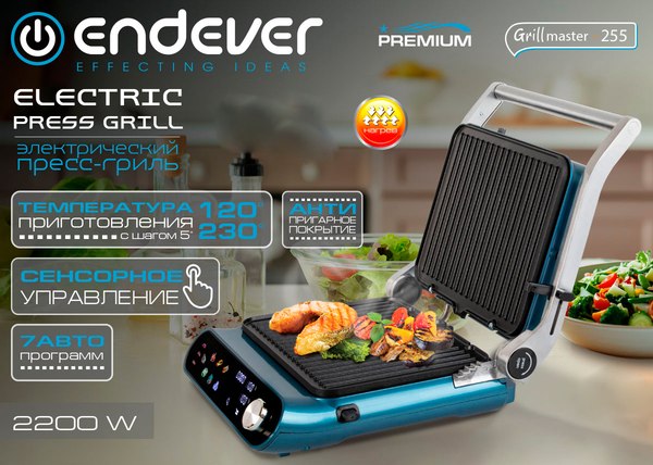 Электрогриль Endever Grillmaster-255 (серебристый/синий)