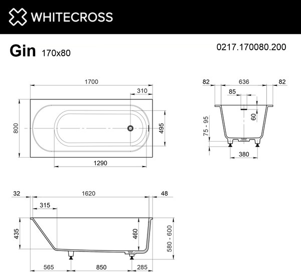Ванна из искусственного камня Whitecross Gin 170x80 / 0217.170080.200