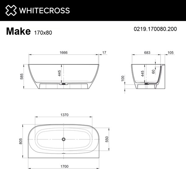 Ванна из искусственного камня Whitecross Make 170x80 / 0219.170080.200